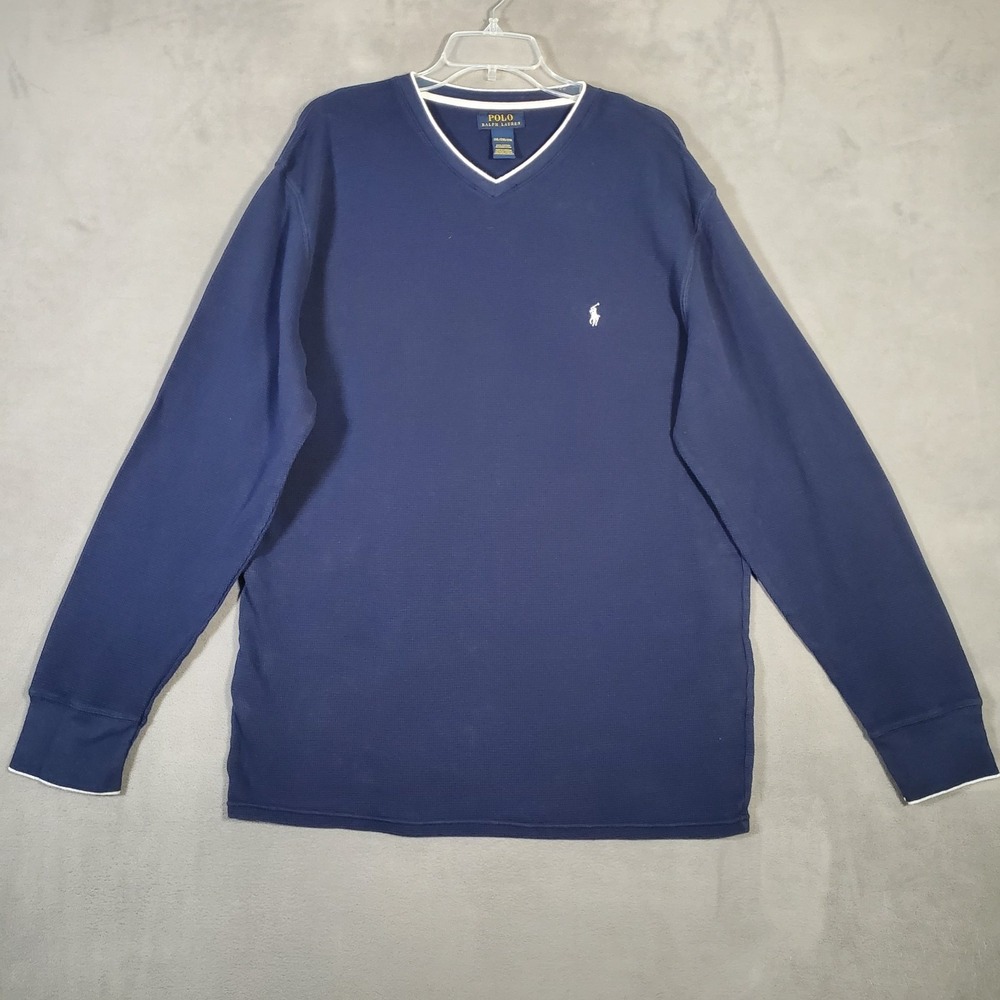 Polo Ralph Lauren Thermal Shirt Mens 2XL Blue V Neck Waffle Knit Gorpcore Preppy